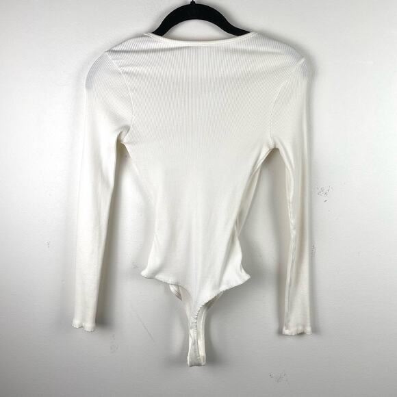 Lulus White Ribbed Knit Long Sleeve Bodysuit Faux Wrap Minimalist Size S - Picture 3 of 6